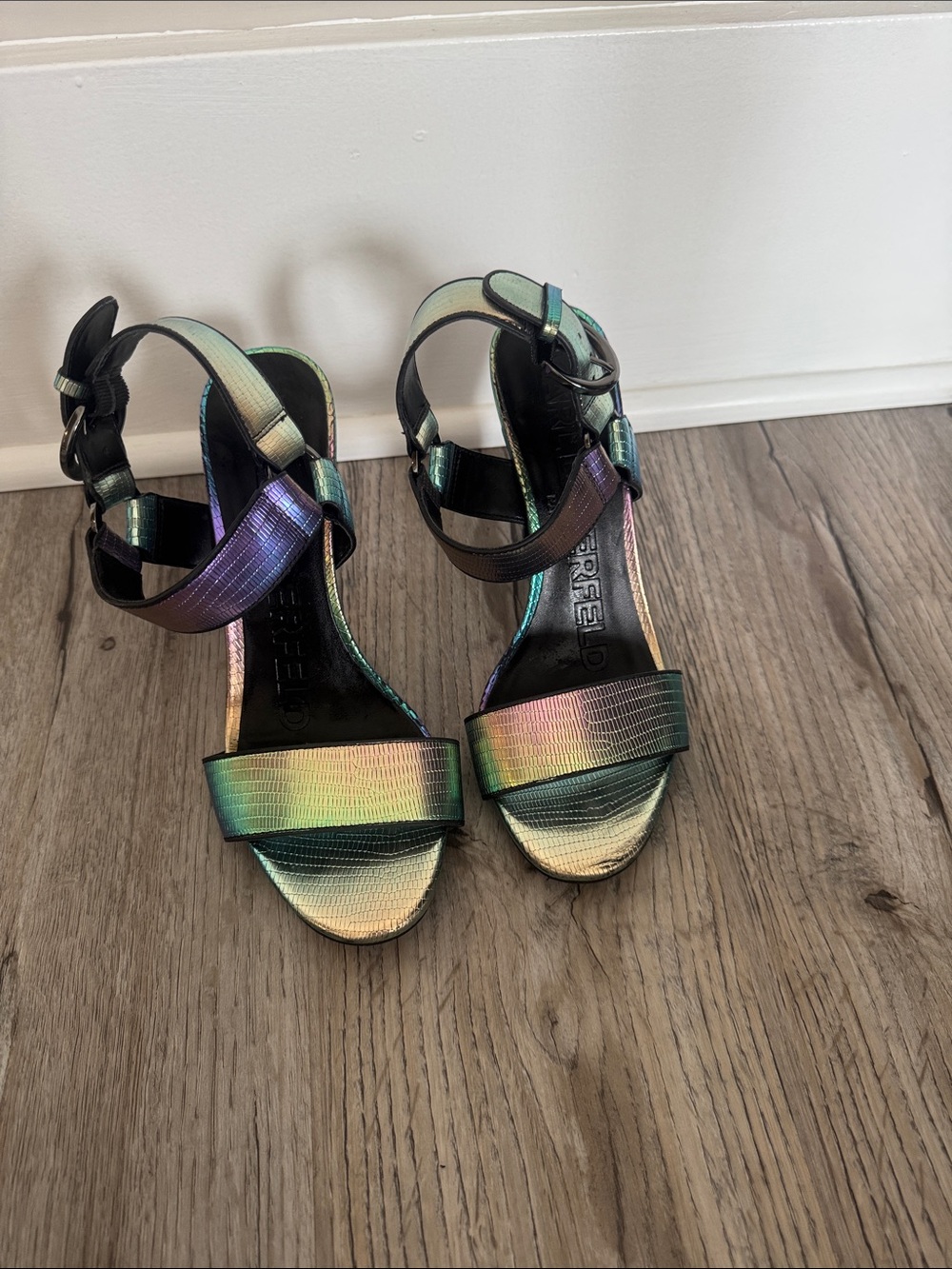 Karl Lagerfeld Iridescent Multi-Color Ankle Strap Heels